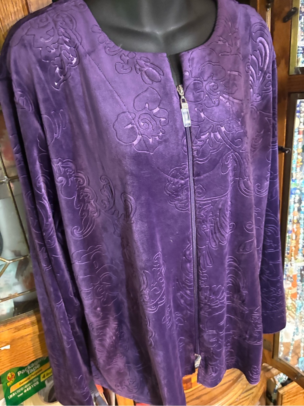 Miss Elaine dark purple embossed fleece zip-front lounge jacket xl - Picture 7 of 13